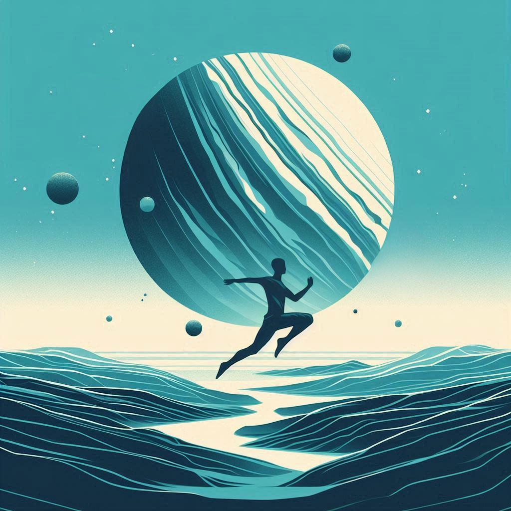 An image split in two, with the left side depicting a sleeping person in bed with a smoky, orange luminous body emerging from it. On the right side, a man frolics through an immense landscape of mountains and fields, streaming energy behind themselves.