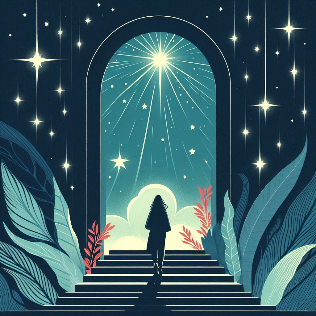A blue luminous soul ascends a staircase facing away from the viewer, atop which is a stone archway granting access to another planet and galaxy of stars. 