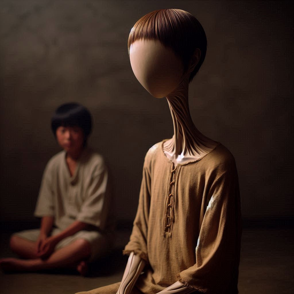 a small japanese boy looks at a strange thin, rag wearing faceless creature in the foreground