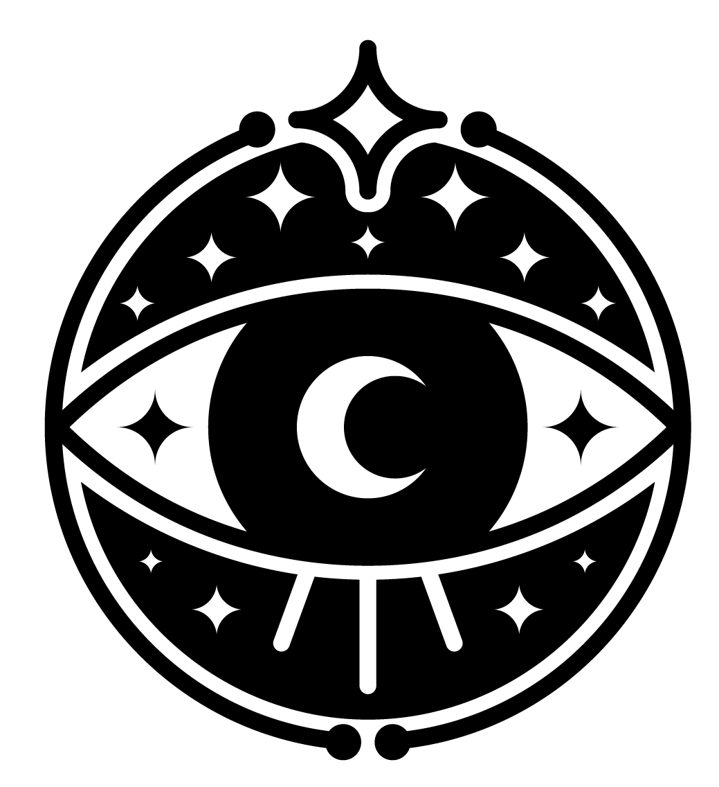A stylized art deco eye with a crescent moon in the center, the logo of astral traveler institute.