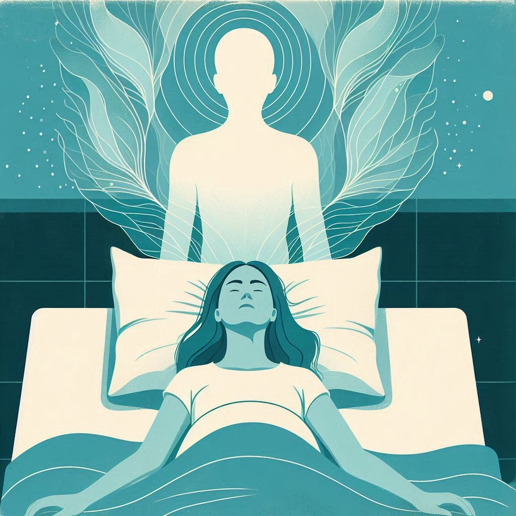 A stylized cartoon of a man in bed sleeping while a glowing body rises out of it vertically into a starry sky full of geometric circles and patterns.